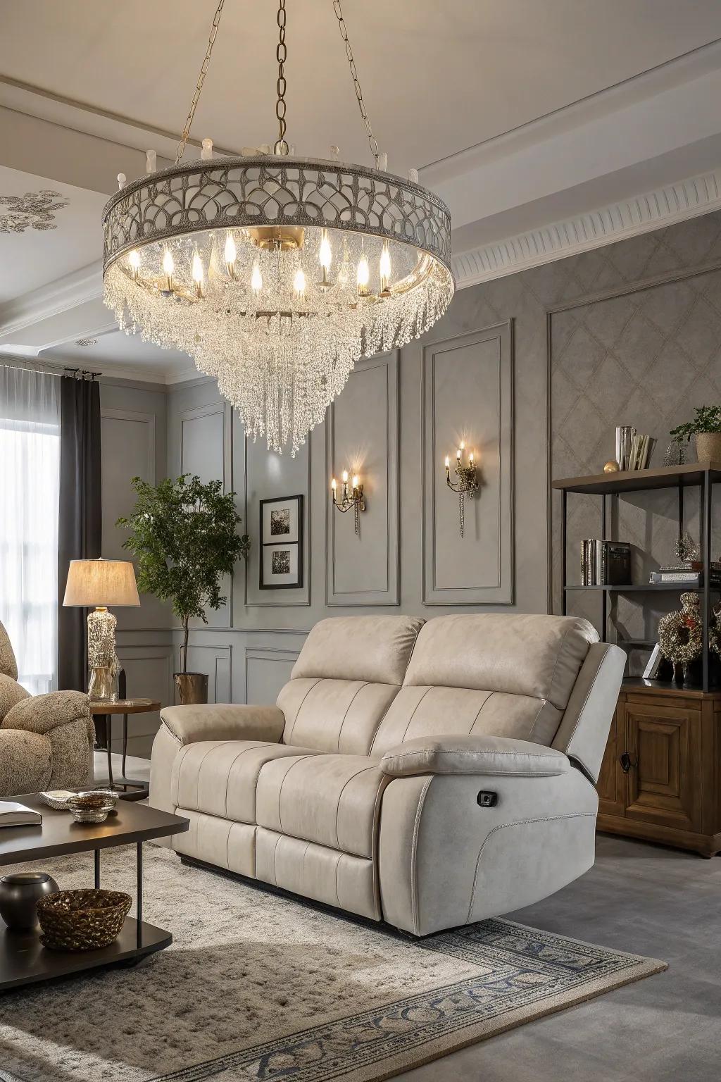 A family room enhanced by a statement illumination fixture over the reclining sofa.