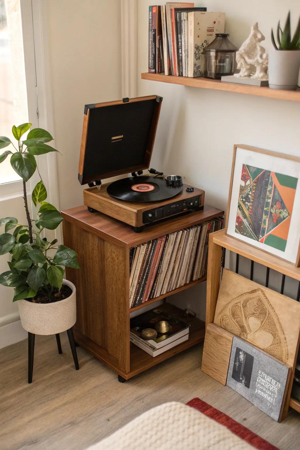 A compact corner setup for a record player and vinyl collection.