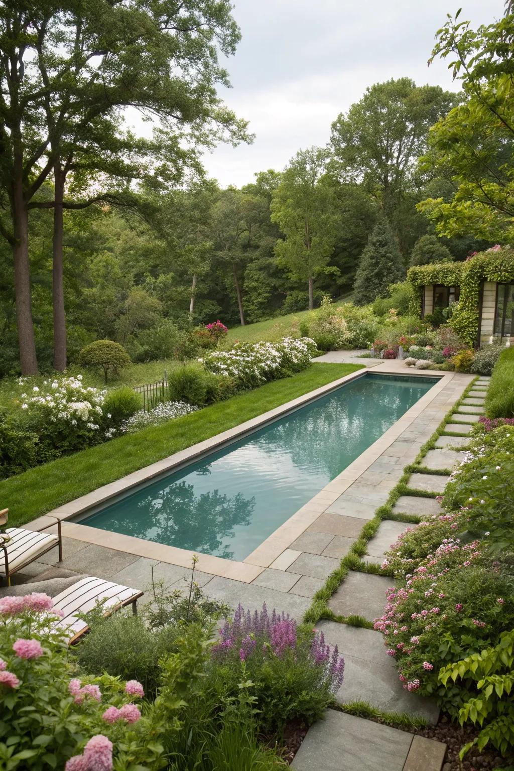 The pool smoothly integrates into the garden scenery.