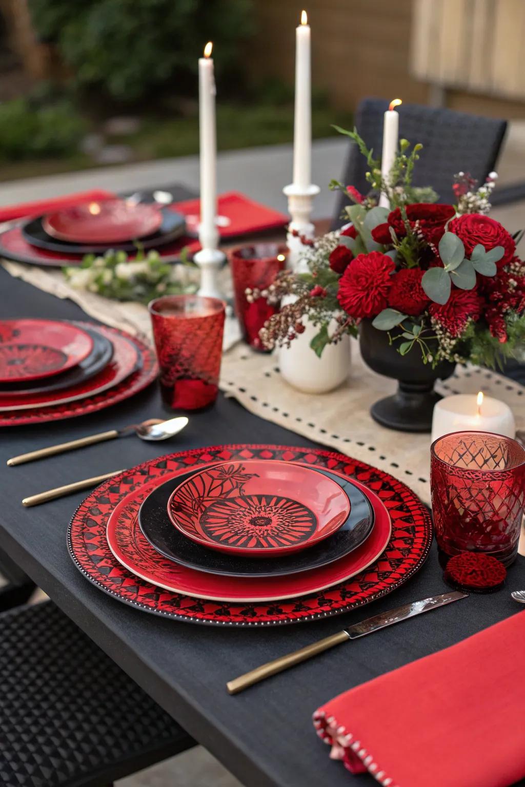 Scarlet and dark subject-related kitchenware seamlessly complimenting the centerpiece.