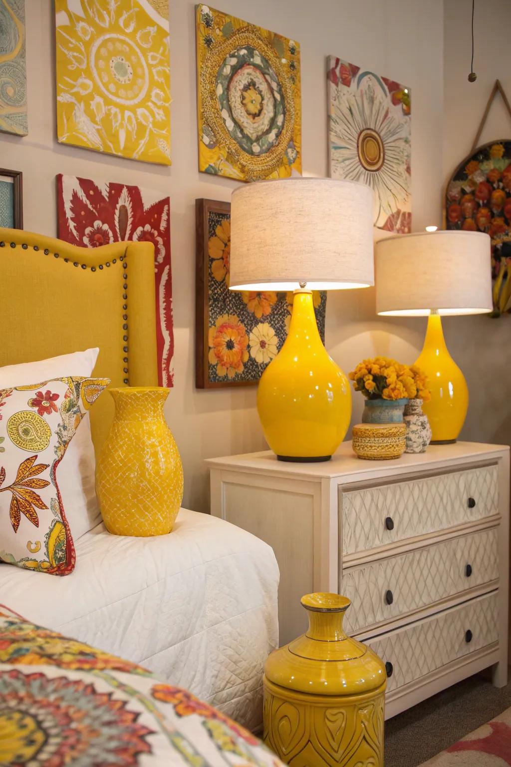 Gold accent elements, such as vases and lamps, infuse vitality and vibrancy into the boudoir.