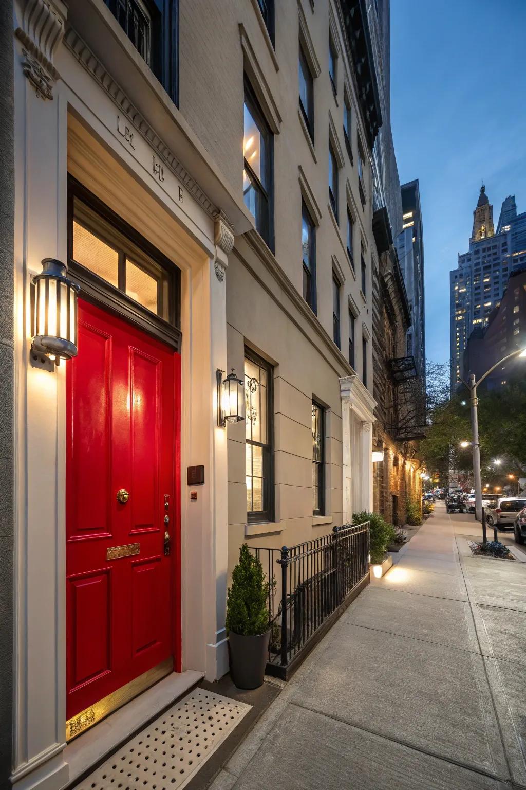 Urban townhouse featuring a streamlined red entrance, epitomizing sophistication.