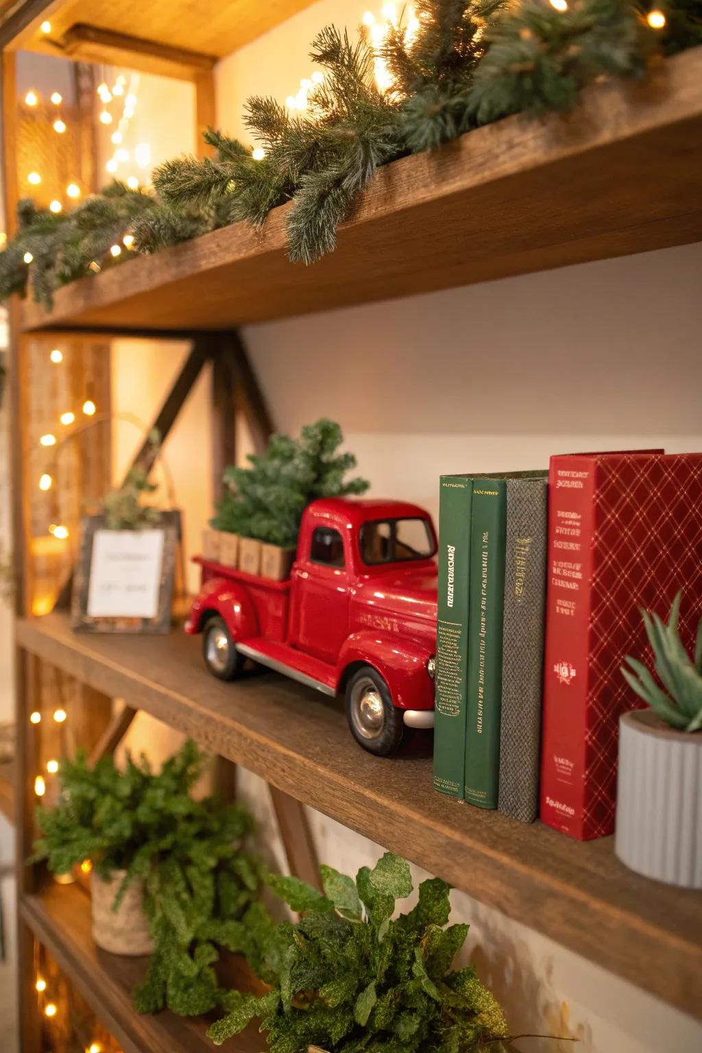 Inviting ledge arrangement showcasing a crimson pickup and festive accents.