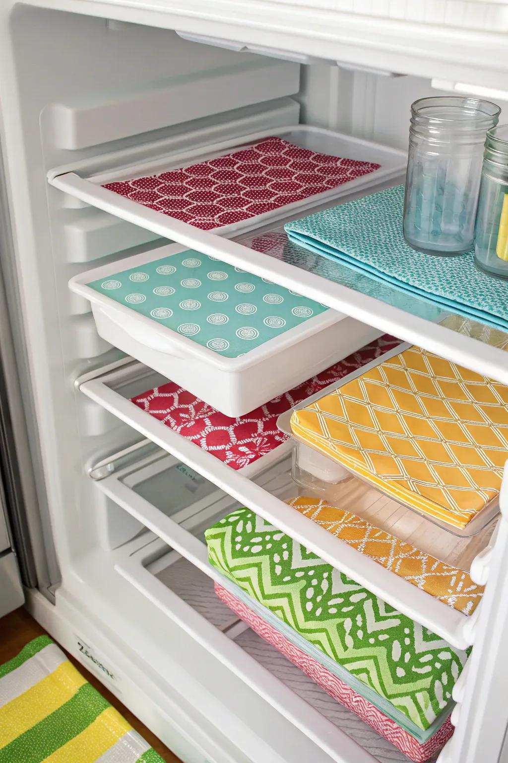 Shelf covers safeguard and add a touch of color to your fridge.