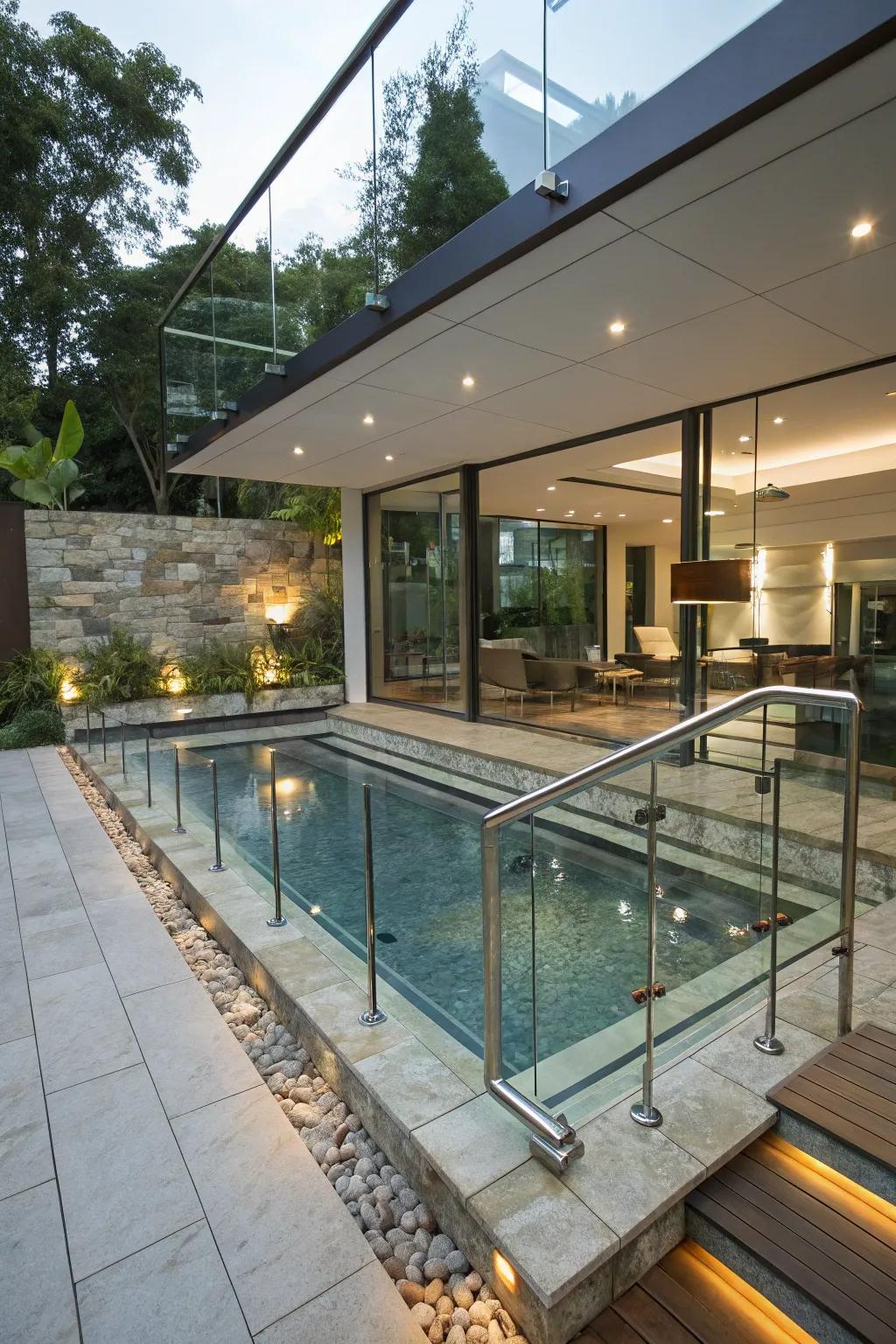 Mix materials to achieve a dynamic and modern pool design.