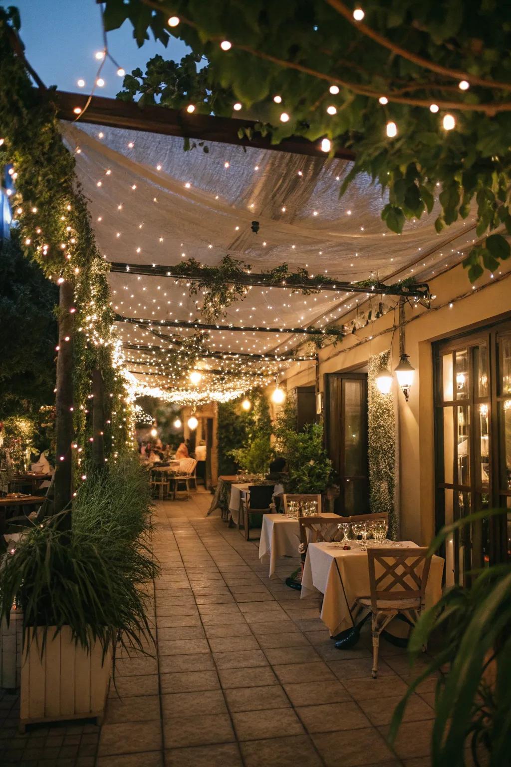 A fairy light canopy alters patios into enchanting spaces.