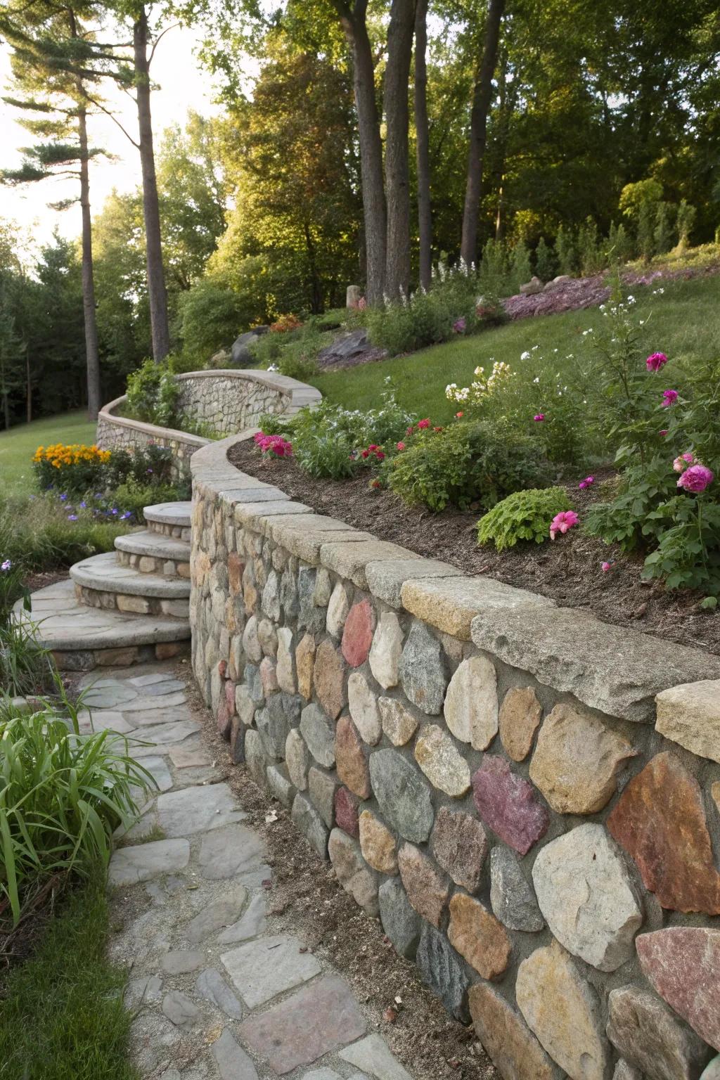 Patchwork stone walls append a playful and vibrant component to landscapes.