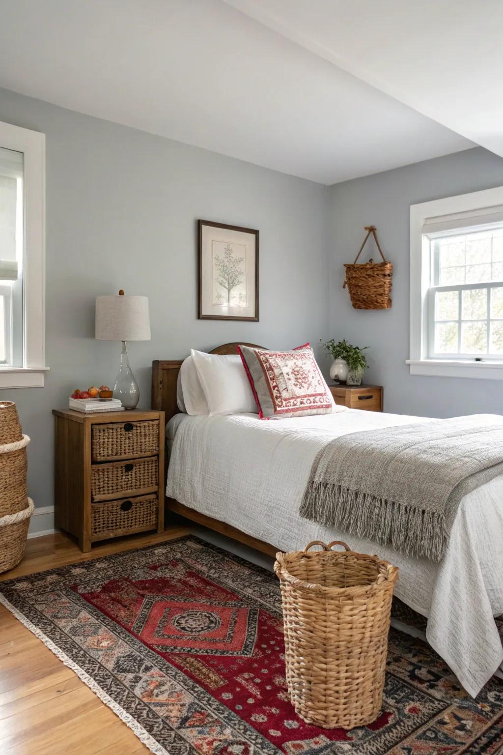 Woven elements impart texture and warmth to a Willow Gray bedroom.