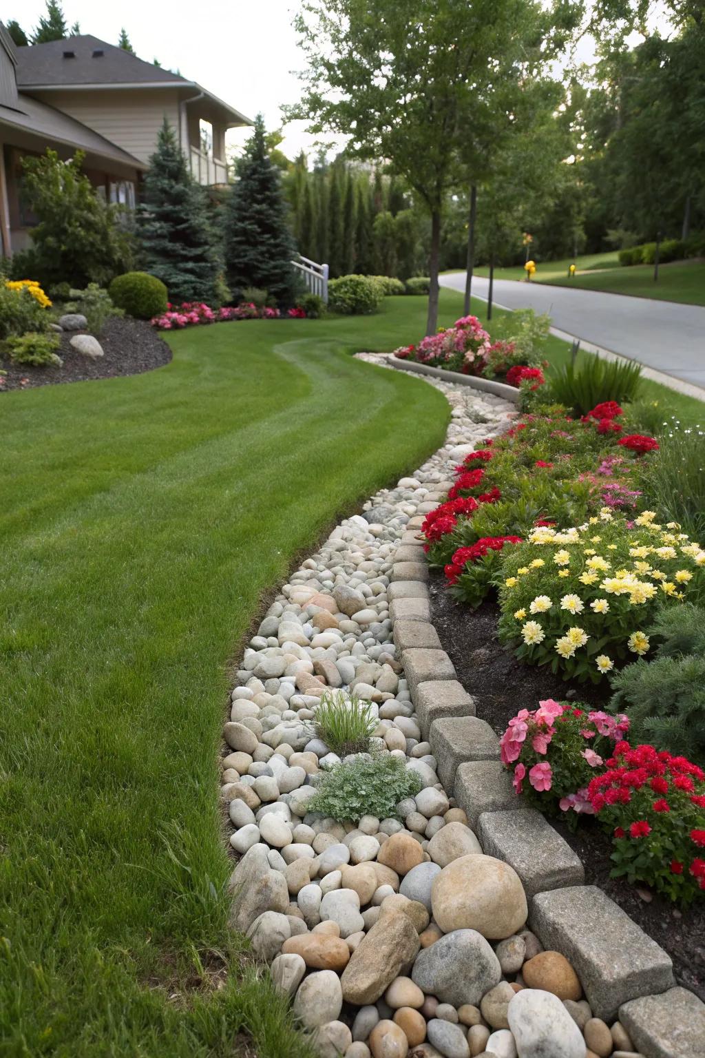 Shoreline stone edging delineates and elevates the charm of turf and garden perimeters.