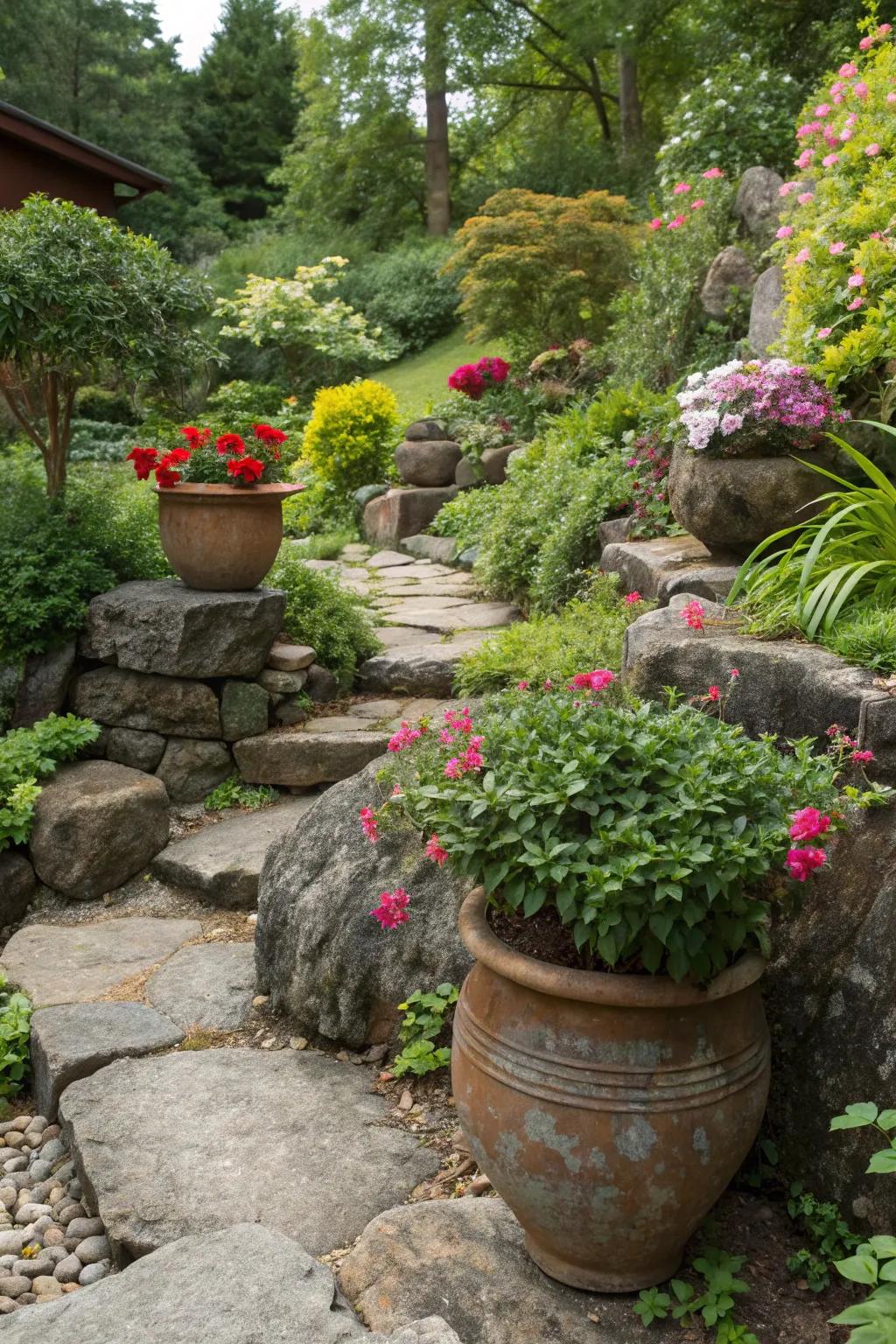 Vessels among stones provide versatility and amplified hue.