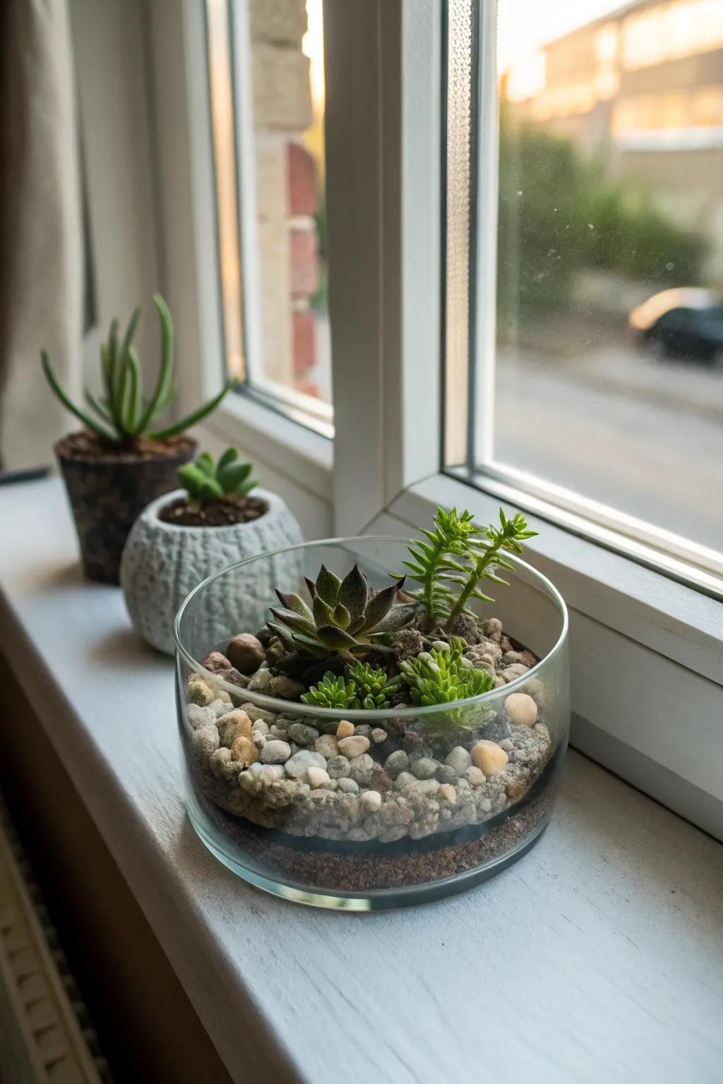 A miniature terrarium with rocks and greenery