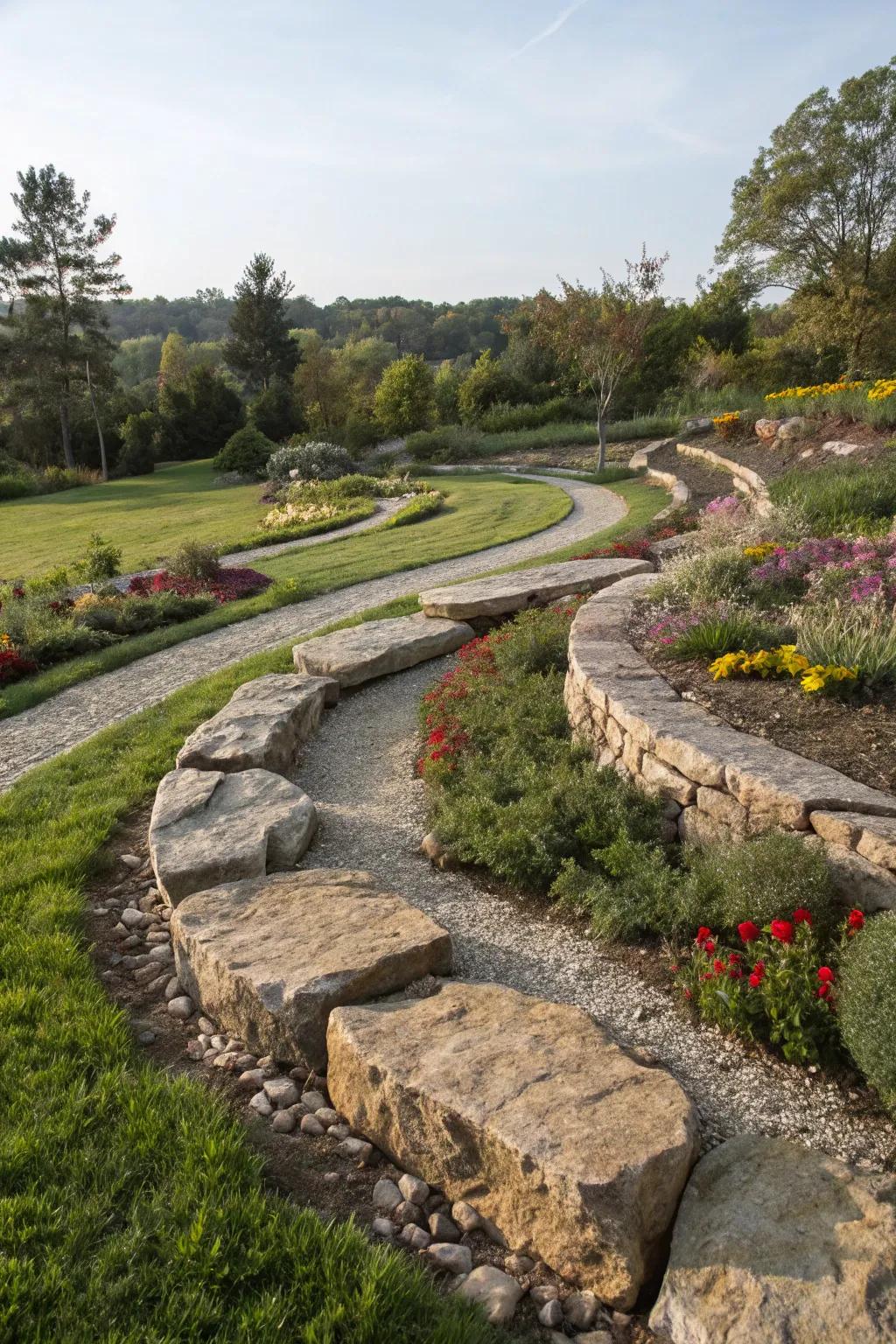 Curvilinear stone edging injecting a playful essence into a garden's vista.