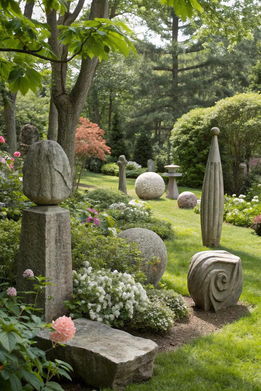 Abstract stone effigies adding an artistic element to a garden.