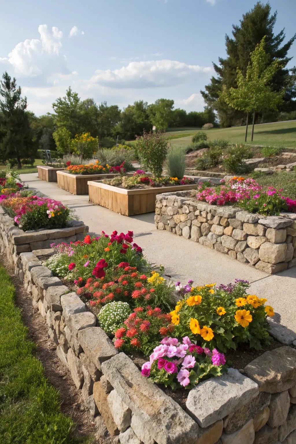 Elevated garden plots, complete with rock formations, magnificently accentuate your flora.