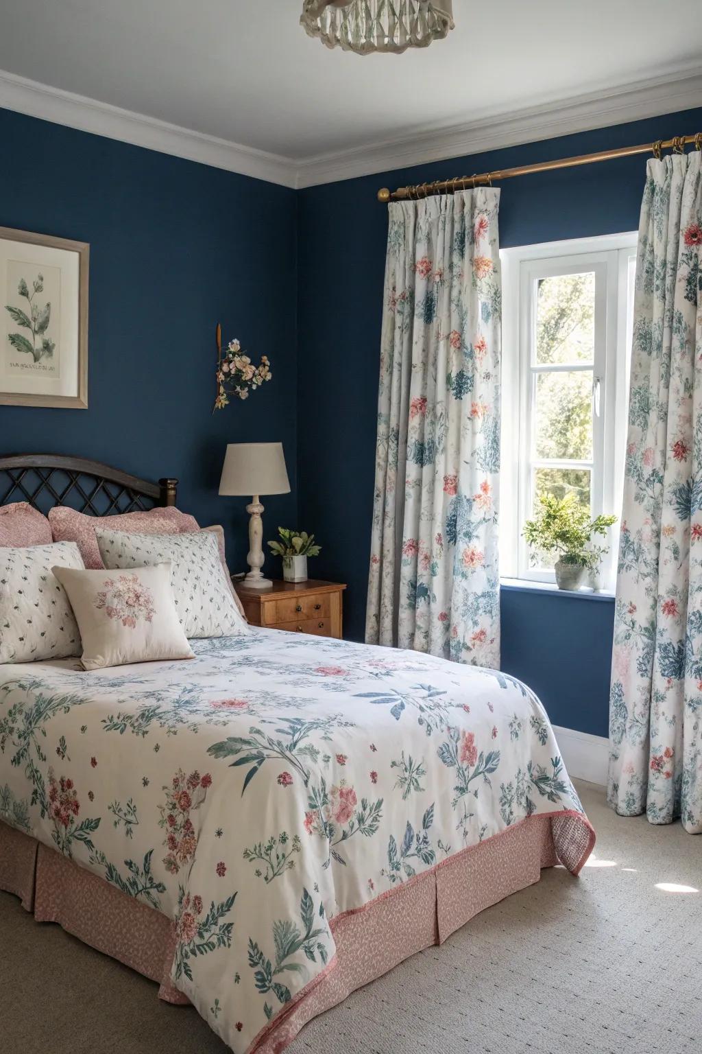 Botanical motifs introduce romance and whimsy to indigo décor.