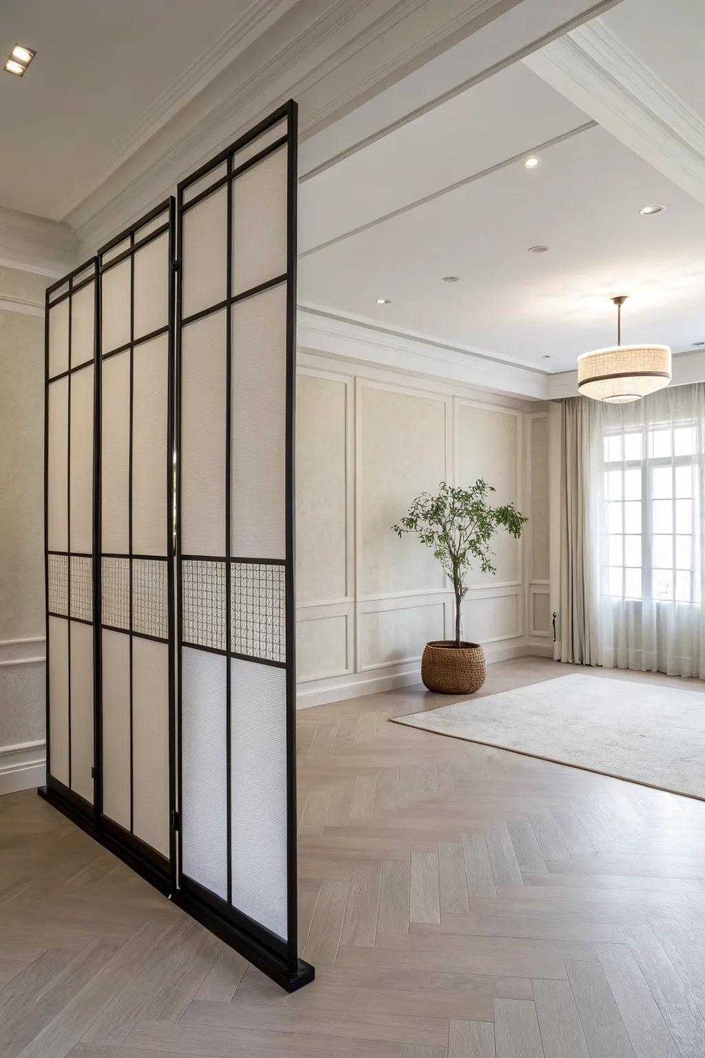 A minimalist room featuring a streamlined partition wall with unadorned lines.