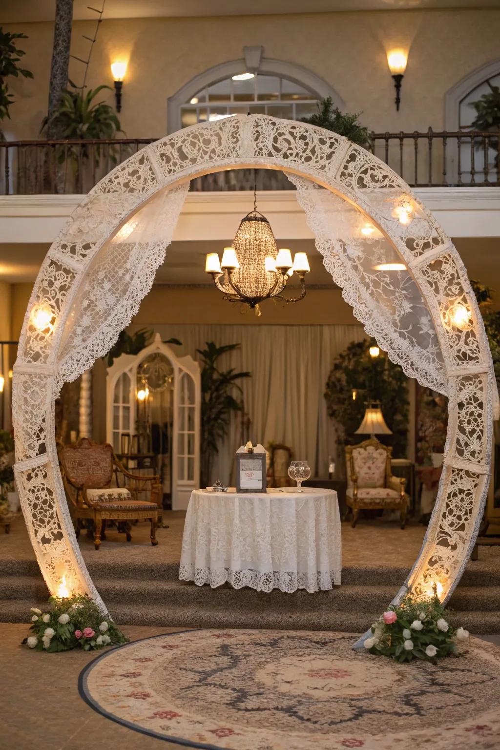 A vintage-themed entrance with lace and antique touches, establishing a timeless appearance.