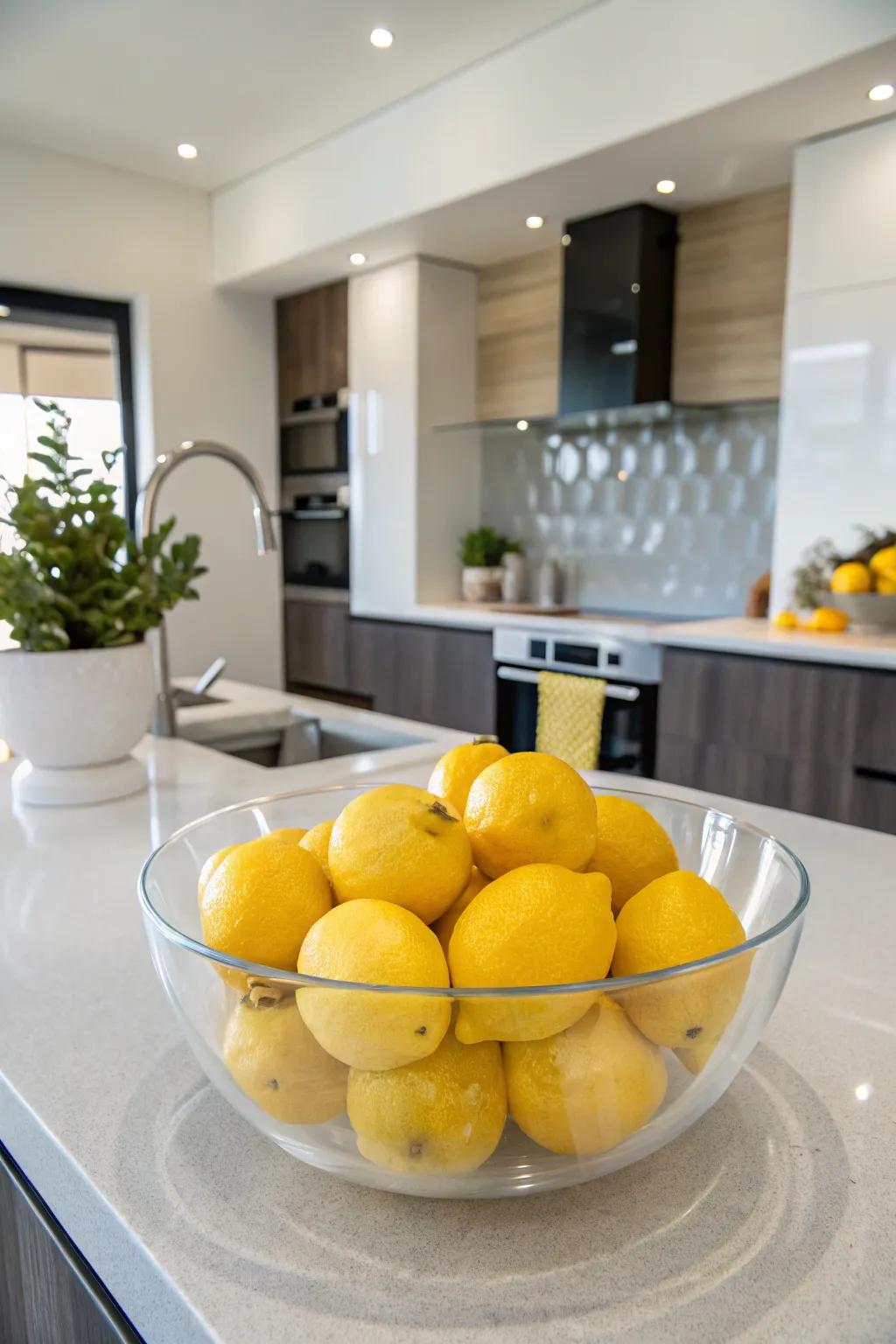 Citrus fruits within a glass vessel introduce a zesty and vibrant splash to your culinary space.
