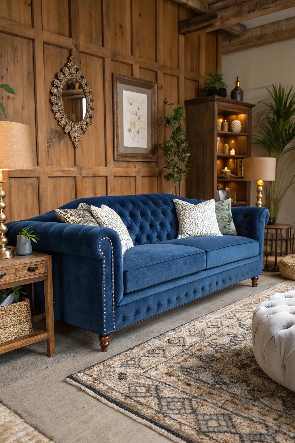 A blend of textures around the sapphire settee imparts depth and visual intrigue.