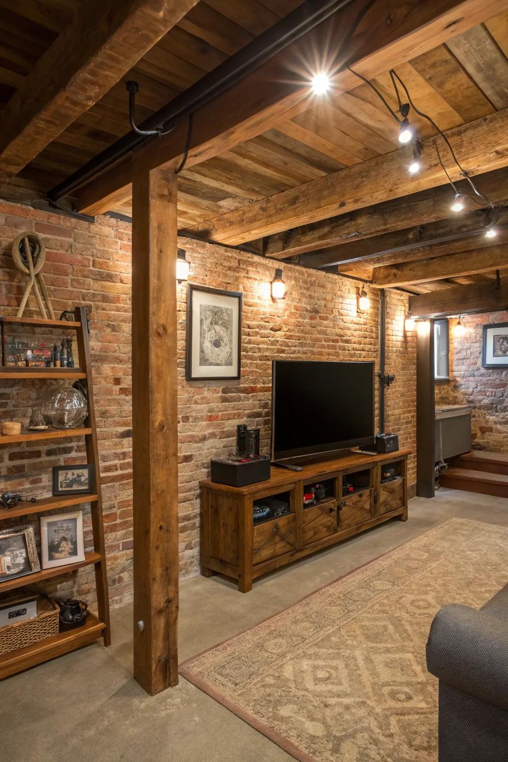 Modern comfort mixes well in a homespun basement.