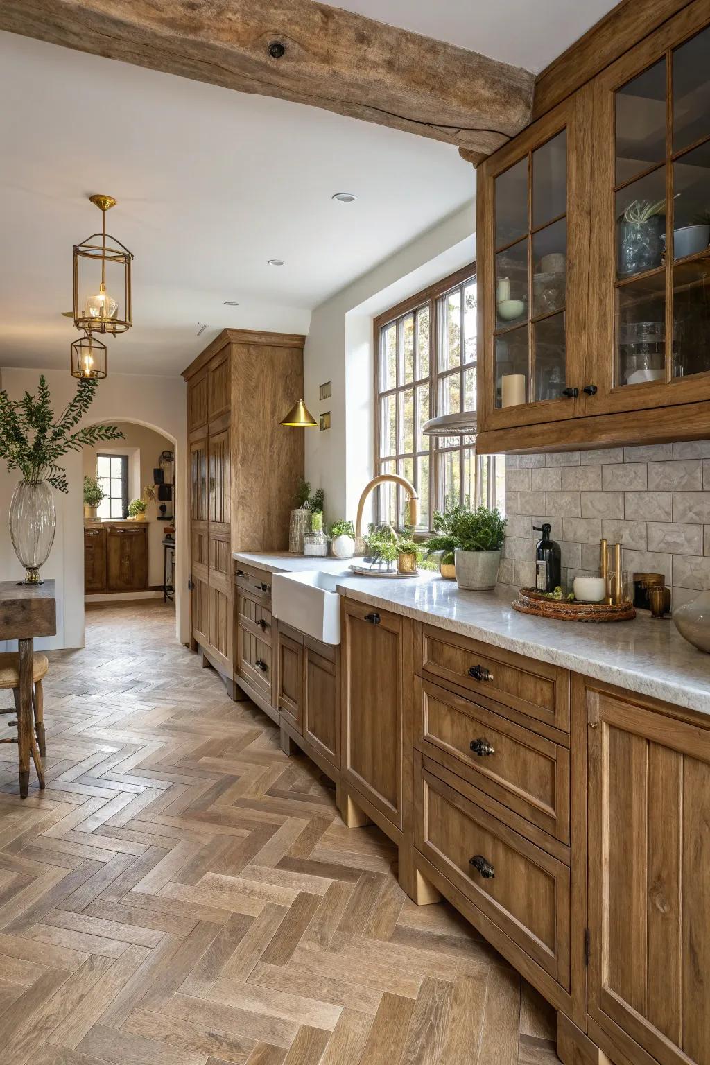 Herringbone patterns bring refinement to rustic floors.