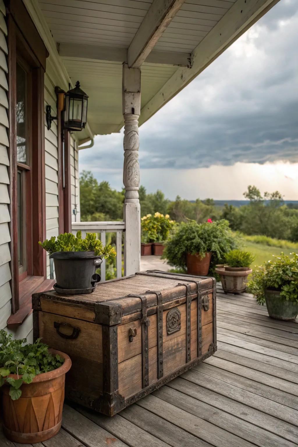 A vintage box adds an ornamental and useful touch to a rustic veranda.