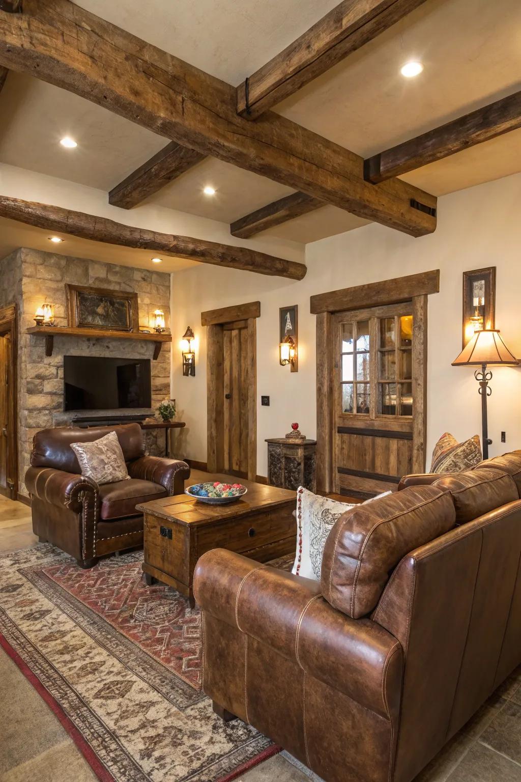 Distressed leather furnishings incorporate comfort and character into rustic spaces.