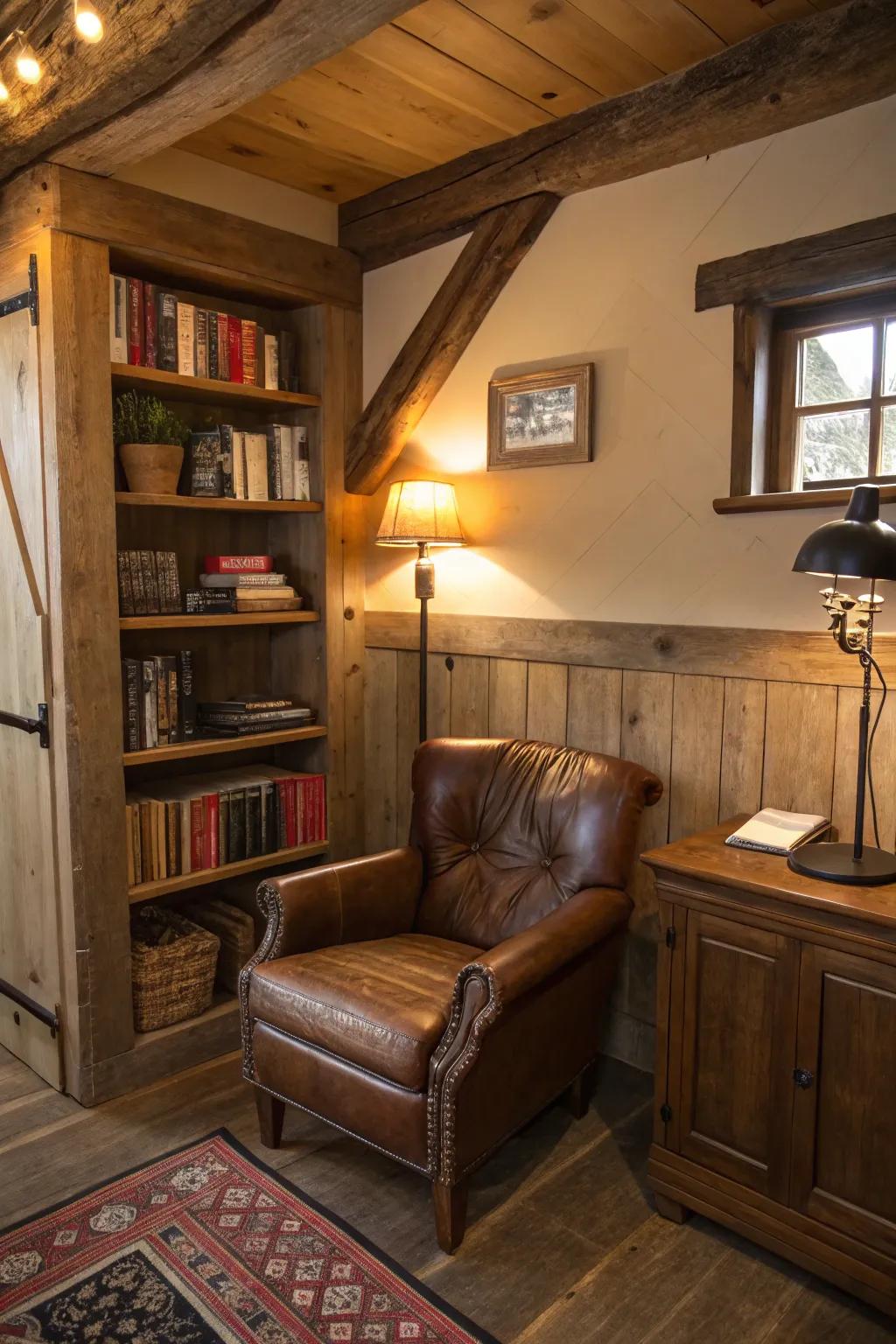 A cozy reading corner provides an escape in a country-style office.