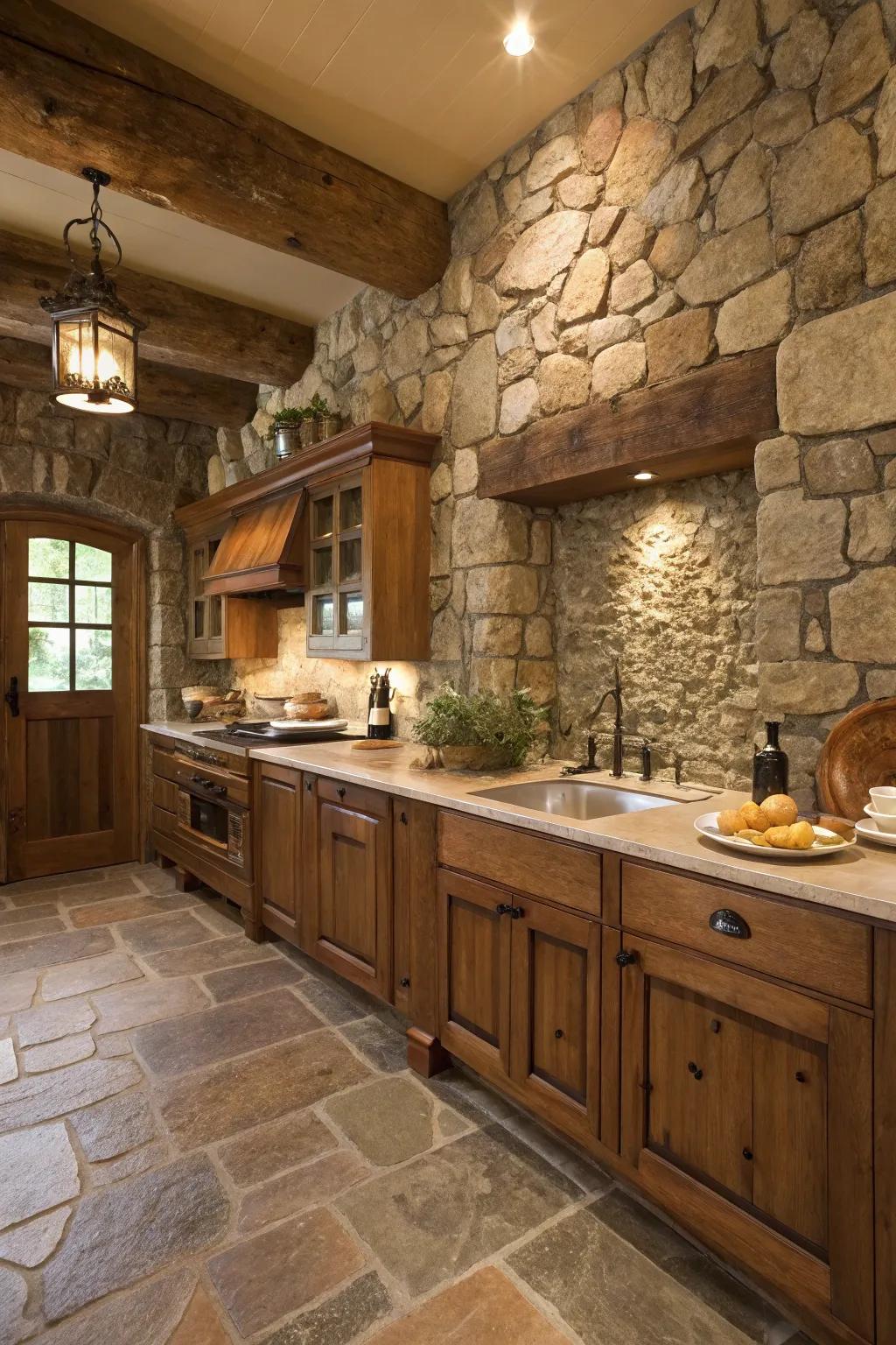Stone composition appends natural texture to this country-style kitchen.