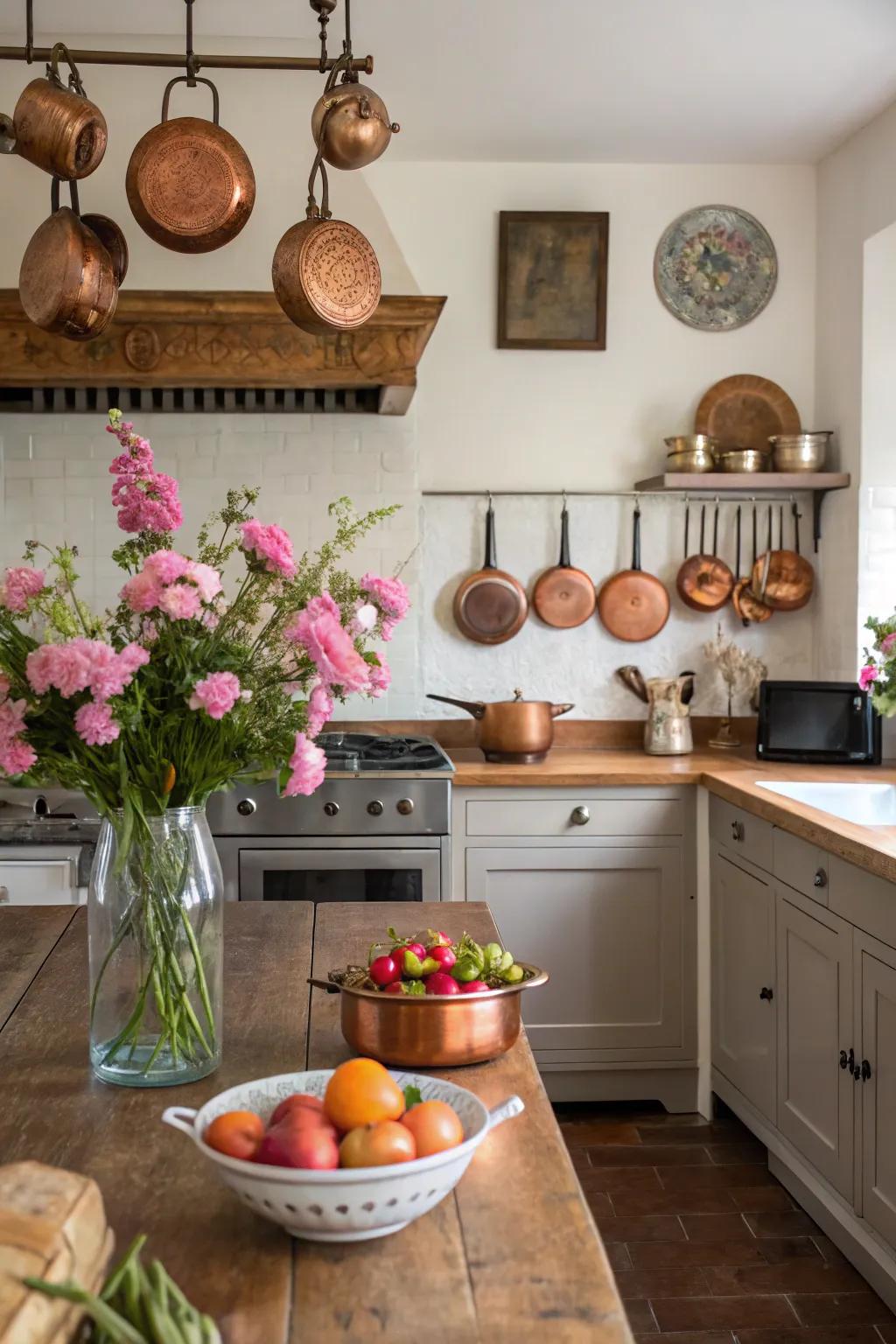 A varied blend of decor contributes character to a rustic kitchen.