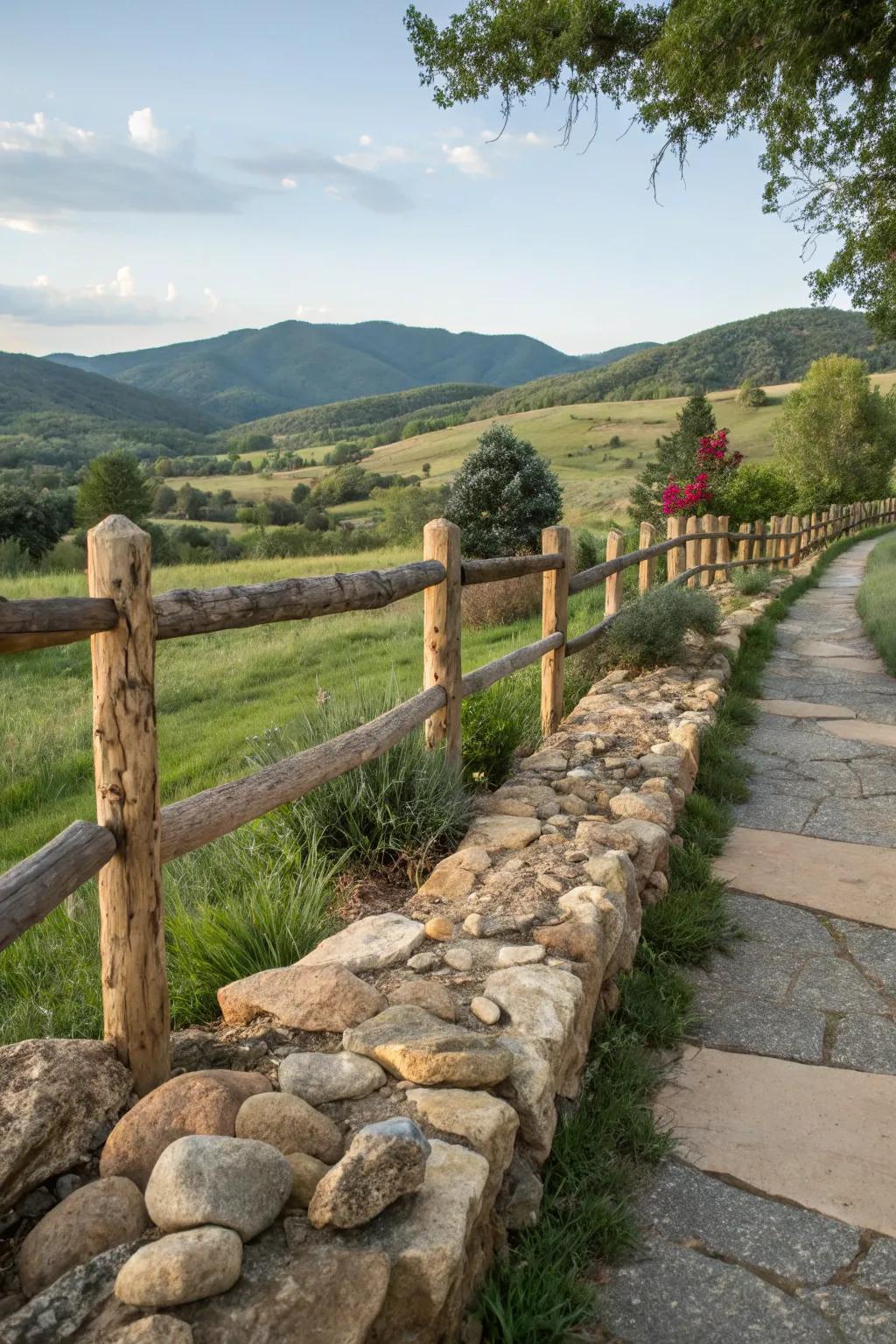 A split rail fence delightfully coordinated with characteristic stone components.
