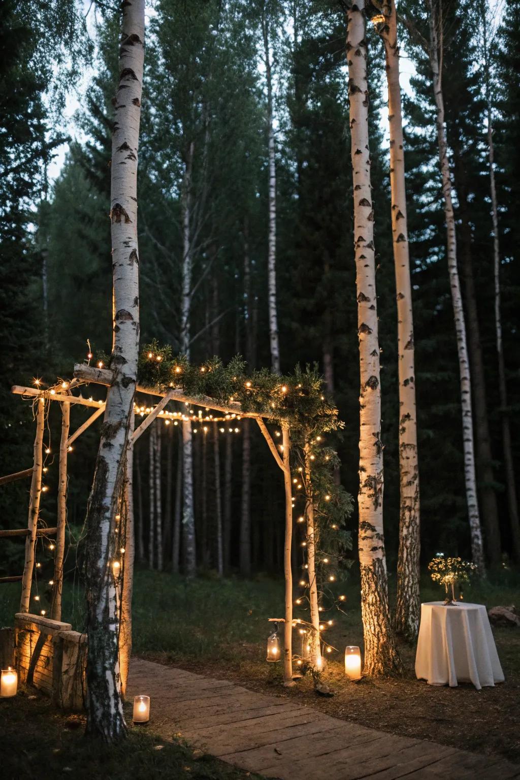 A birch arch twinkling with lights, ideal for a woodland nocturnal ceremony.
