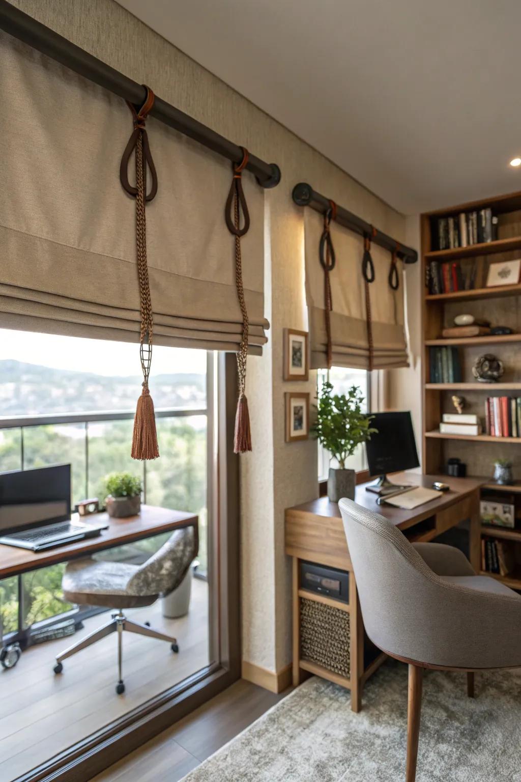 A stylish professional space showcasing a valance with leather loop specifics, incorporating a hint of elegance.