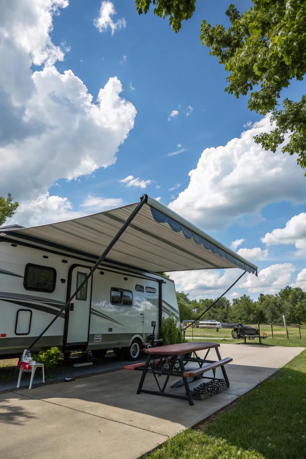 Awnings provide comfort and protection from sun and rain.