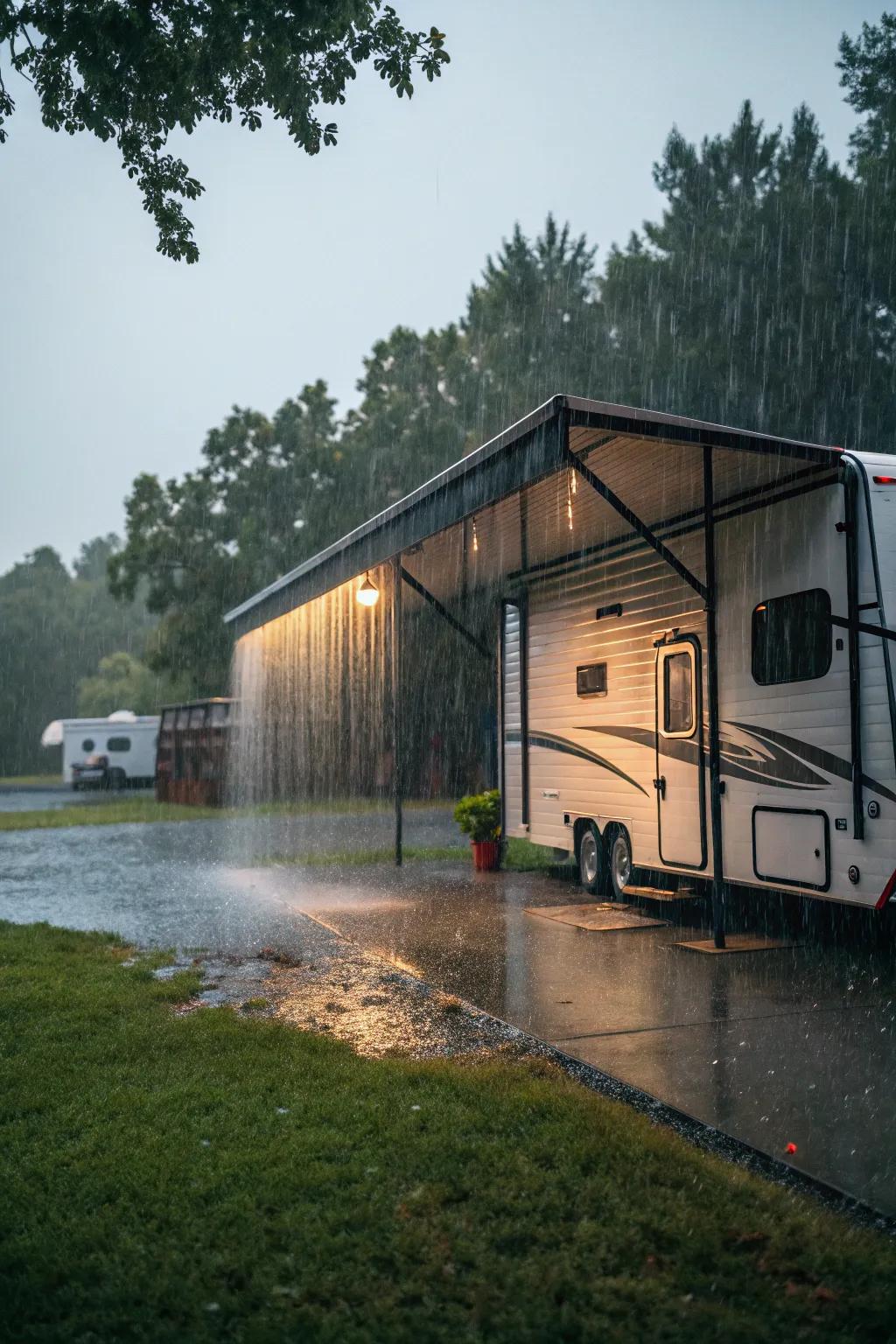 A vertical roof RV shed ideally suited for wet environments.
