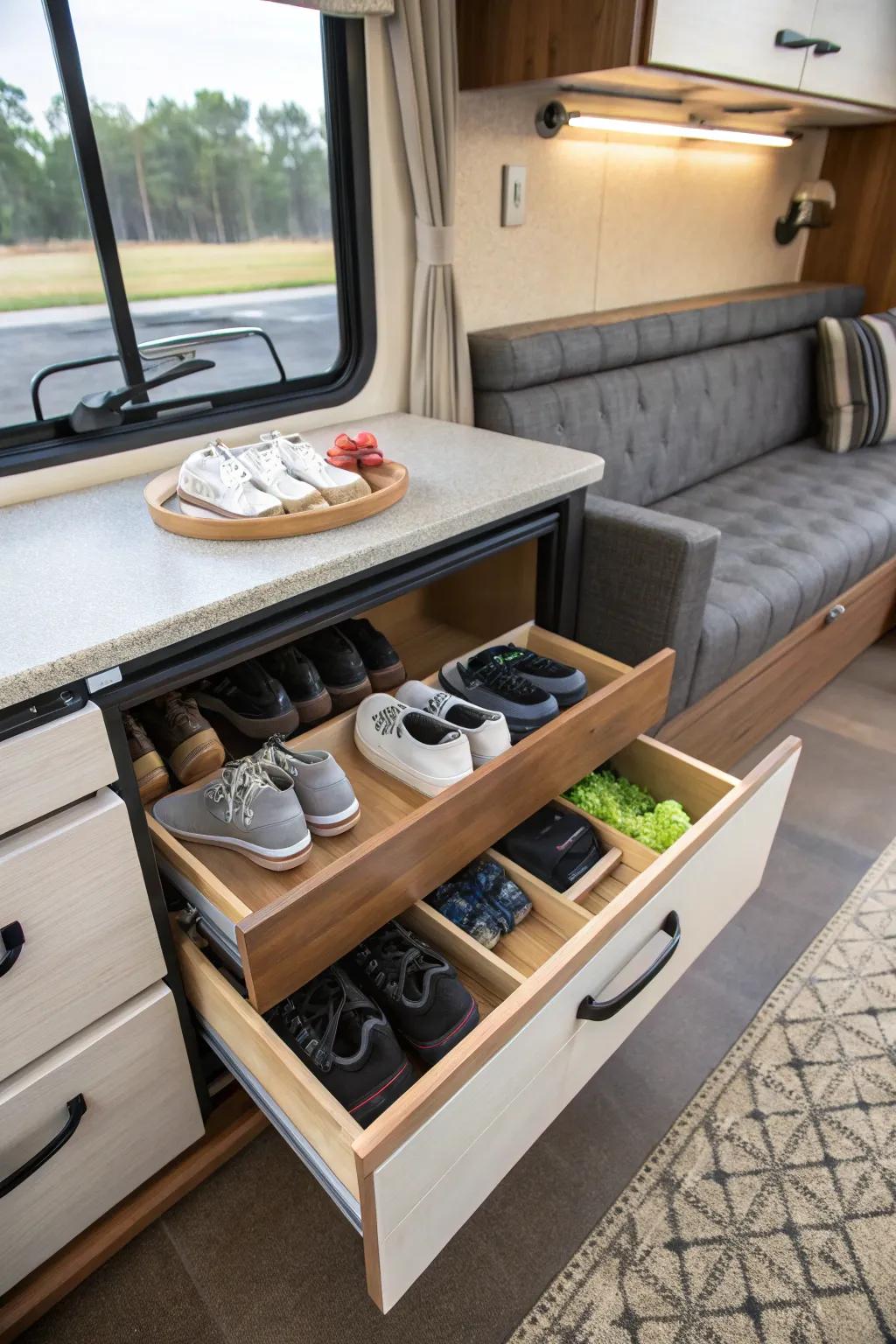 Conceal your shoes within plain sight using beneath-dinette arrangement.