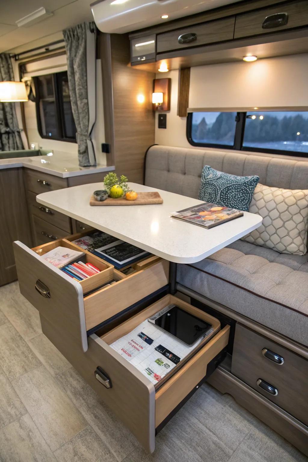 Optimize your area with a surface that incorporates storage capabilities.