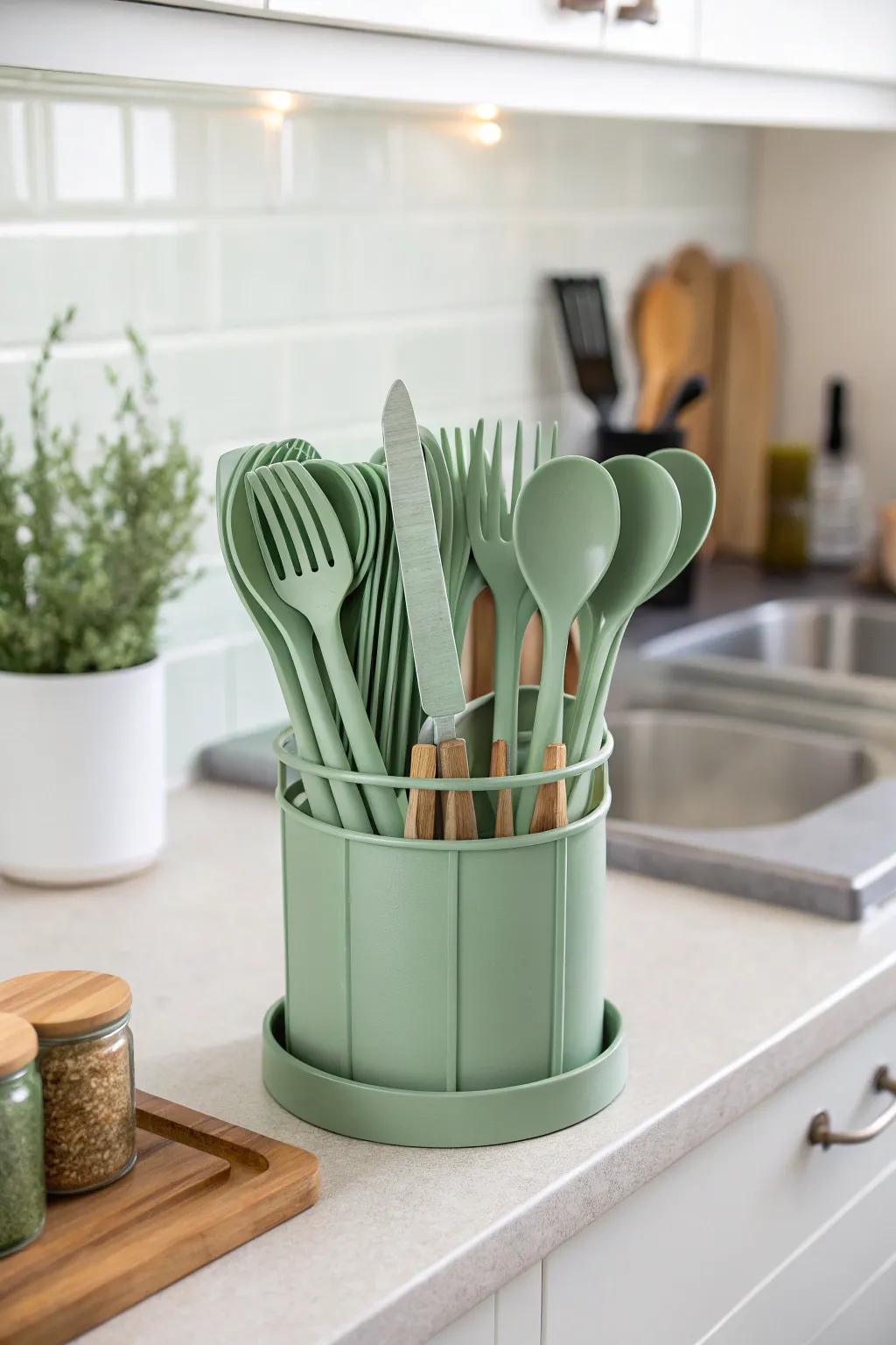 Sage green implements marry function with refined culinary aesthetics.