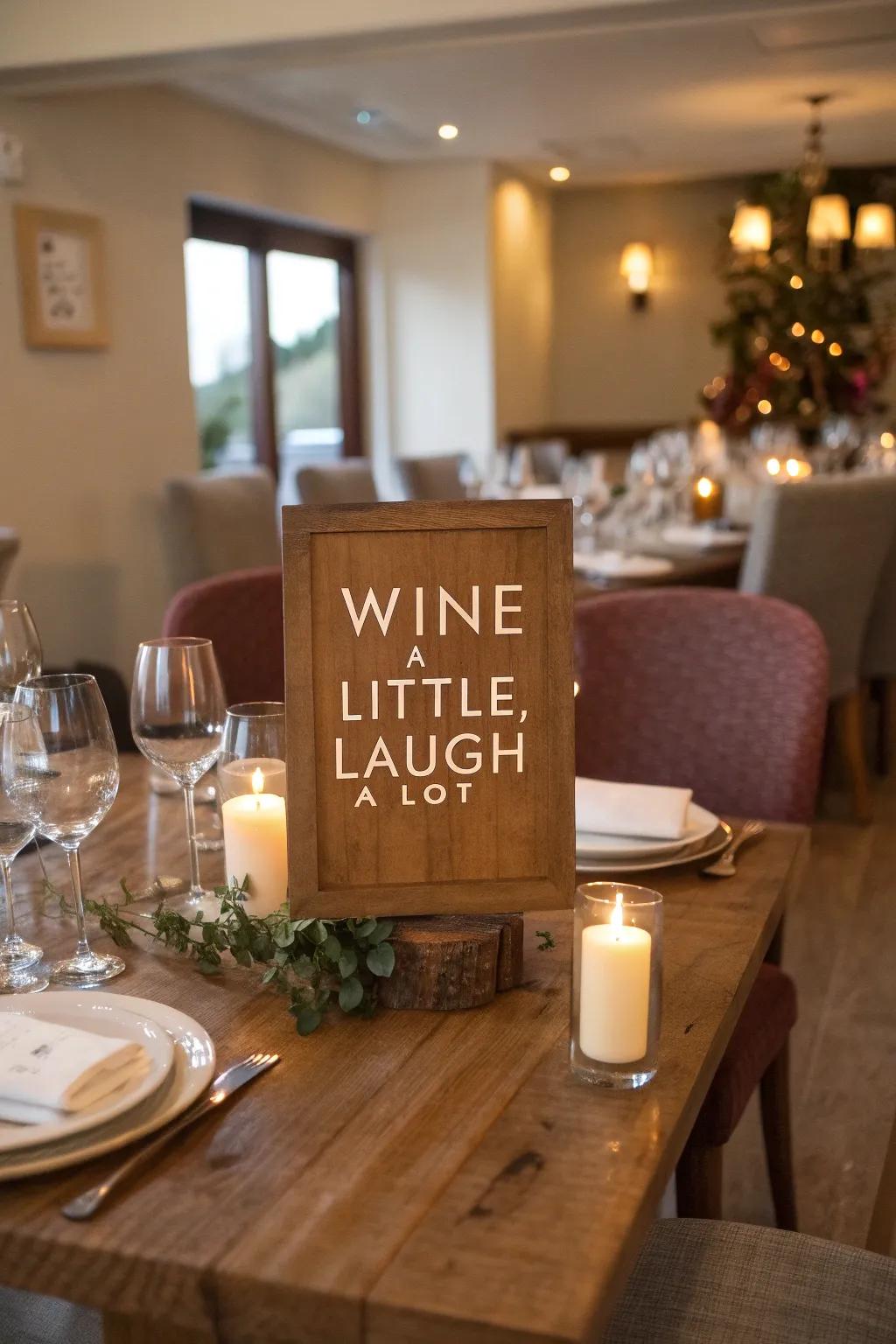 Establish a playful atmosphere with 'Wine a Little, Laugh a Lot.'