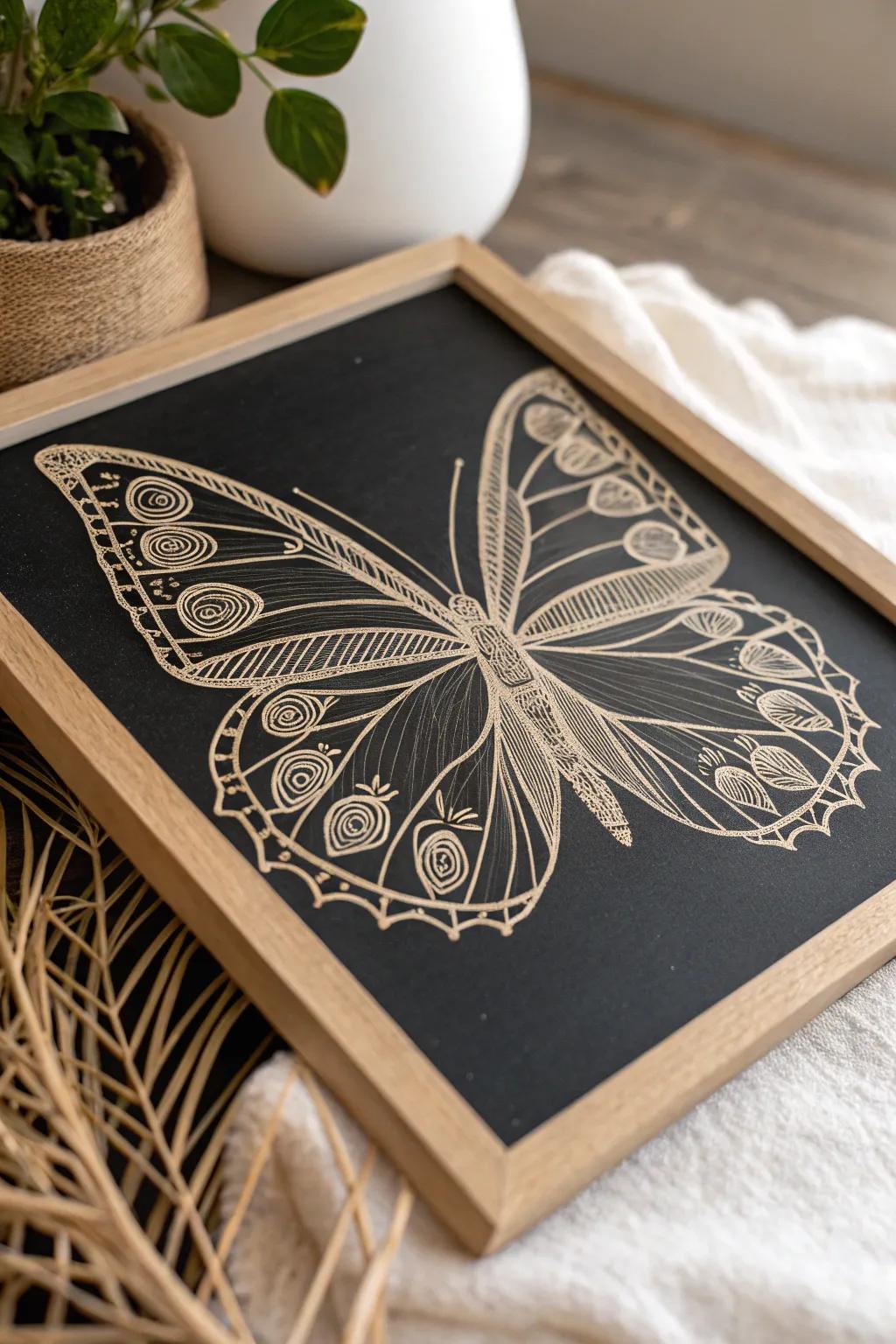 Explore the Art of Subtlety: Exquisite Butterfly Wings Rendered in Scratchboard Detail.