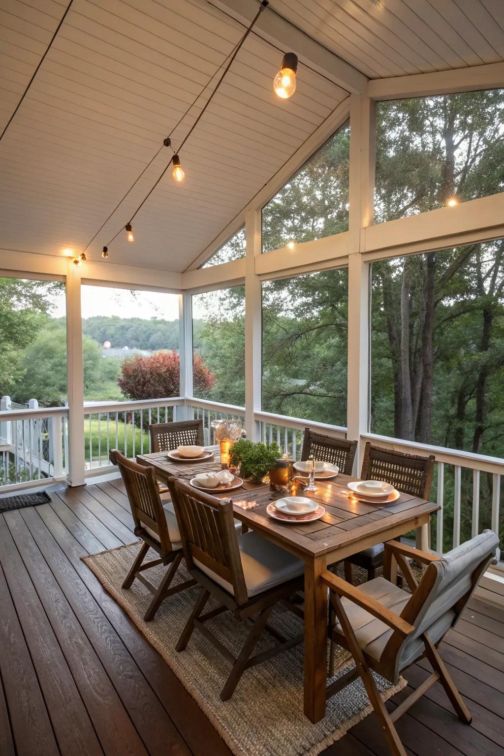 A semi-outdoor dining area on the porch extends a delightful dining venture.
