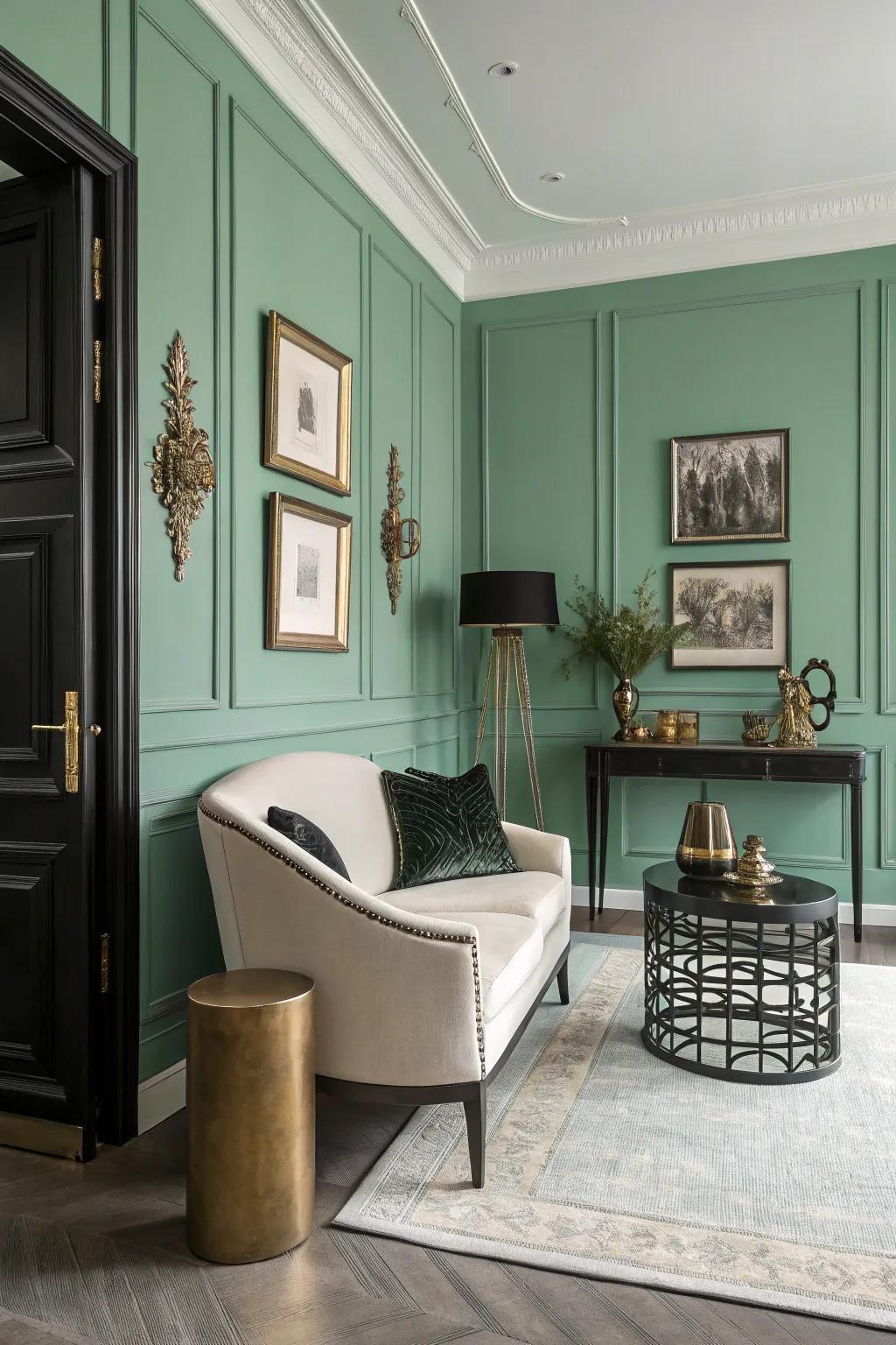 A balanced room featuring seafoam green painted walls and a softened palette.
