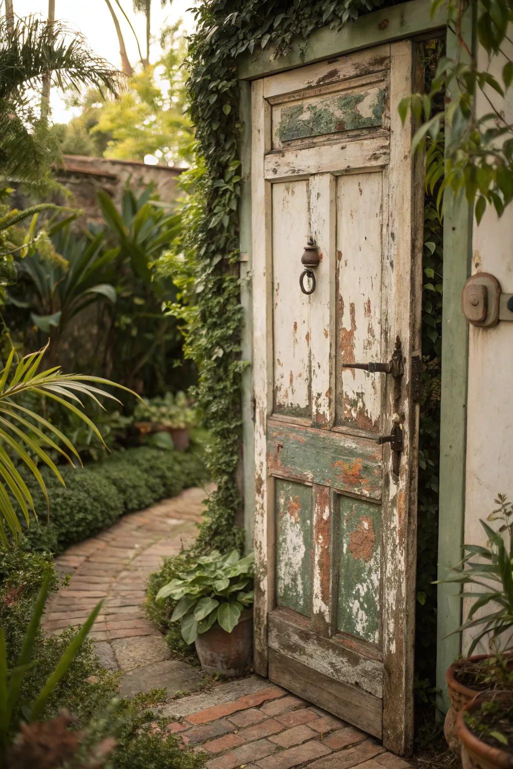 An antiquarian door contributes individuality and heritage to this secret garden.