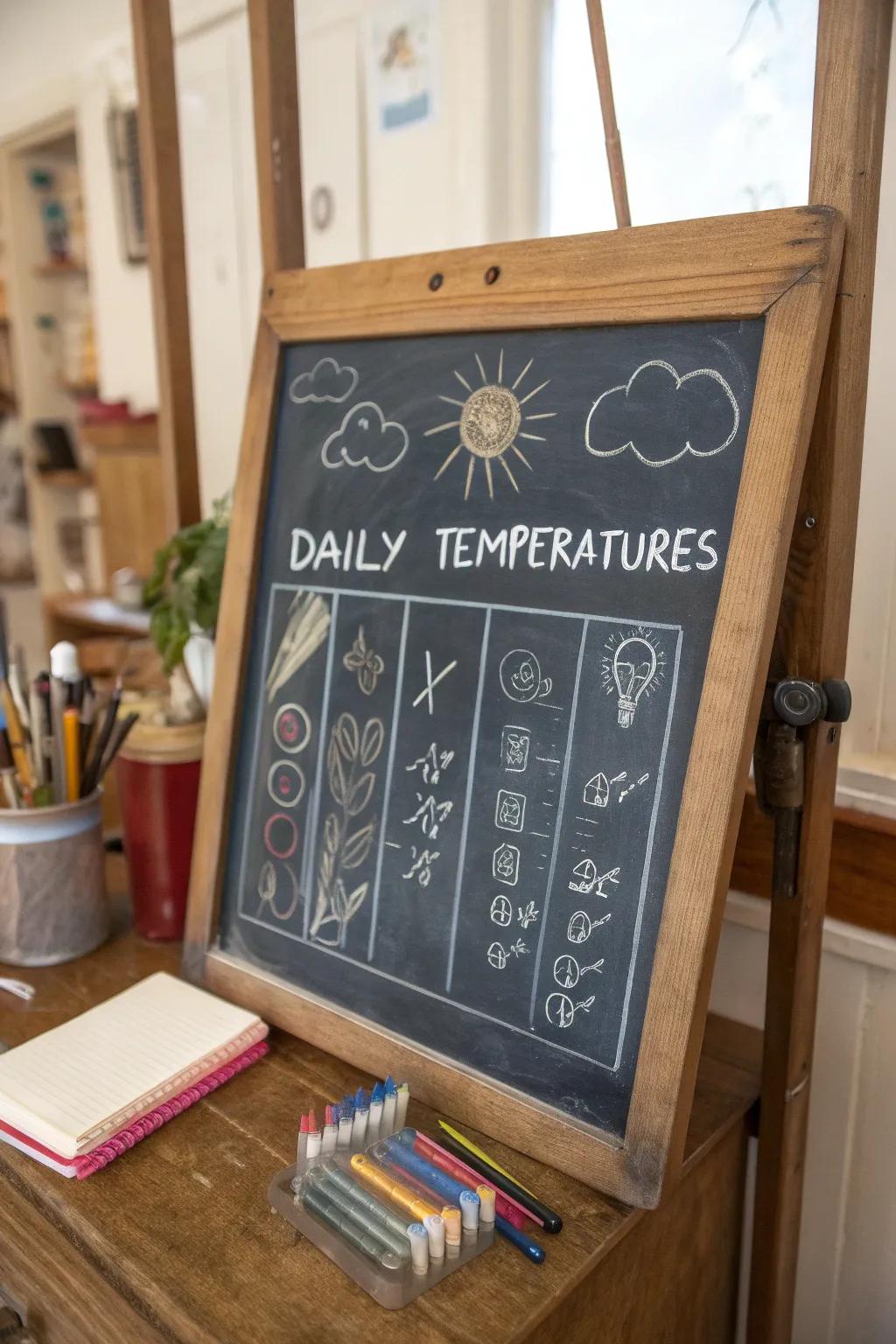 A chalkboard showcasing a beautifully drawn weather almanac documenting daily temperatures.
