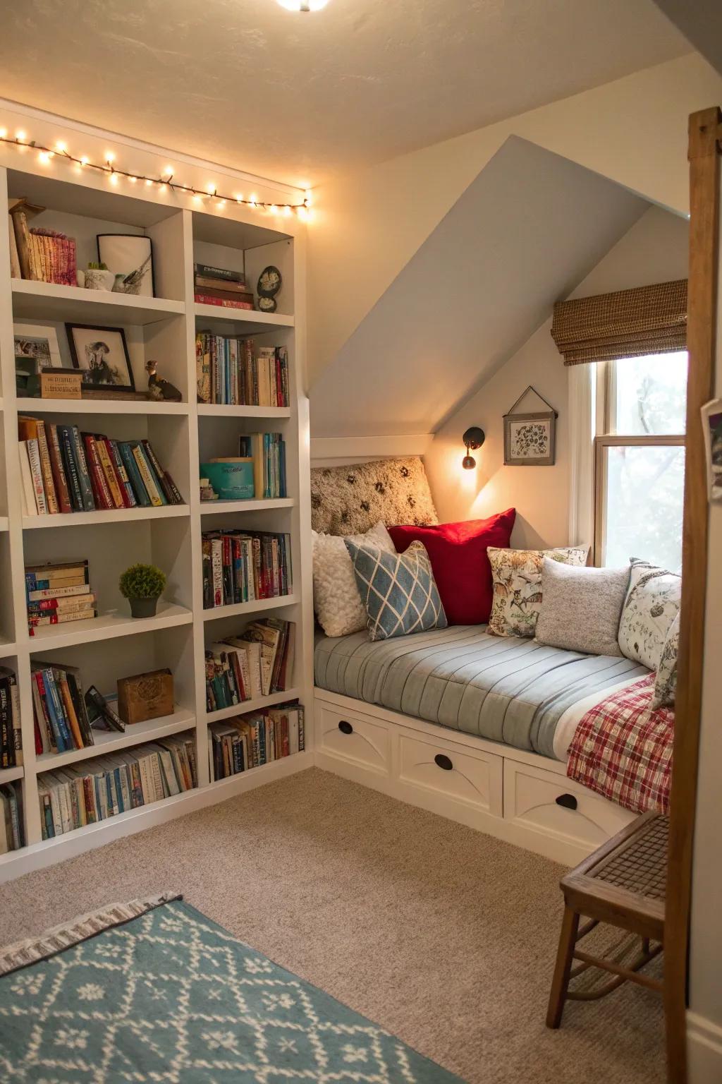 A reading corner provides a serene escape within this shared room.