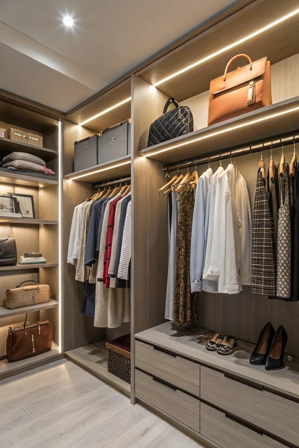 A chic closet incorporating lighting for better visibility.