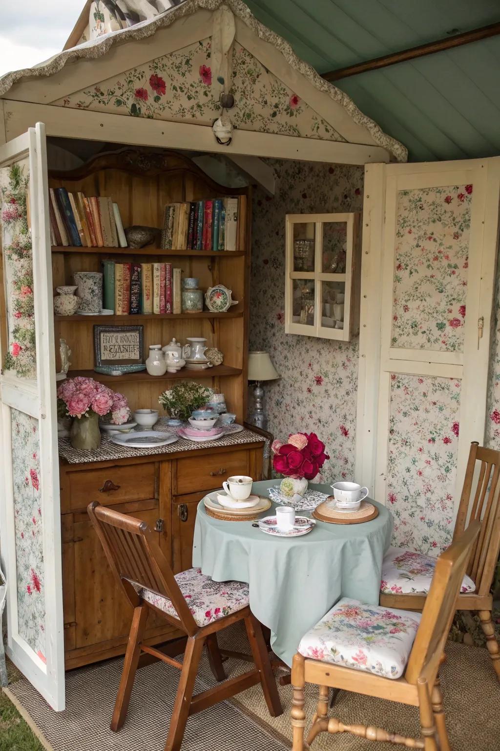 Transform your she shed into a vintage tea room with floral wallpaper and antique-style elements.