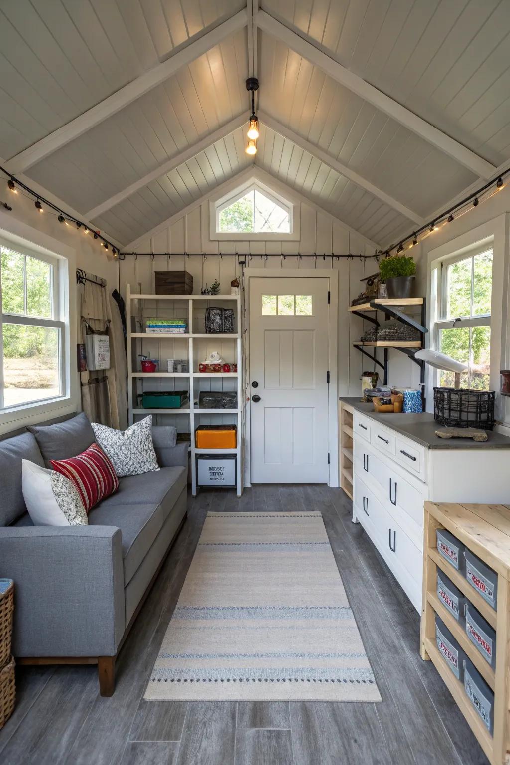 An efficiently designed converted shed interior maximizing area.