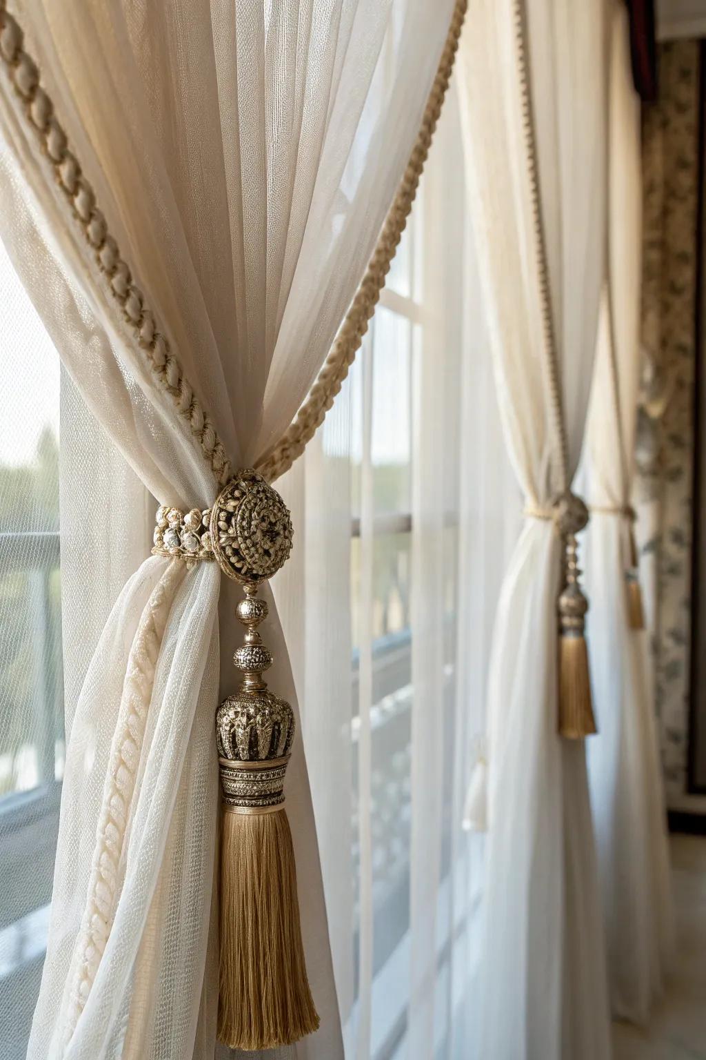 Elegant embellishments like tiebacks and curtain rods amplify the sophistication of light-filtering curtains.