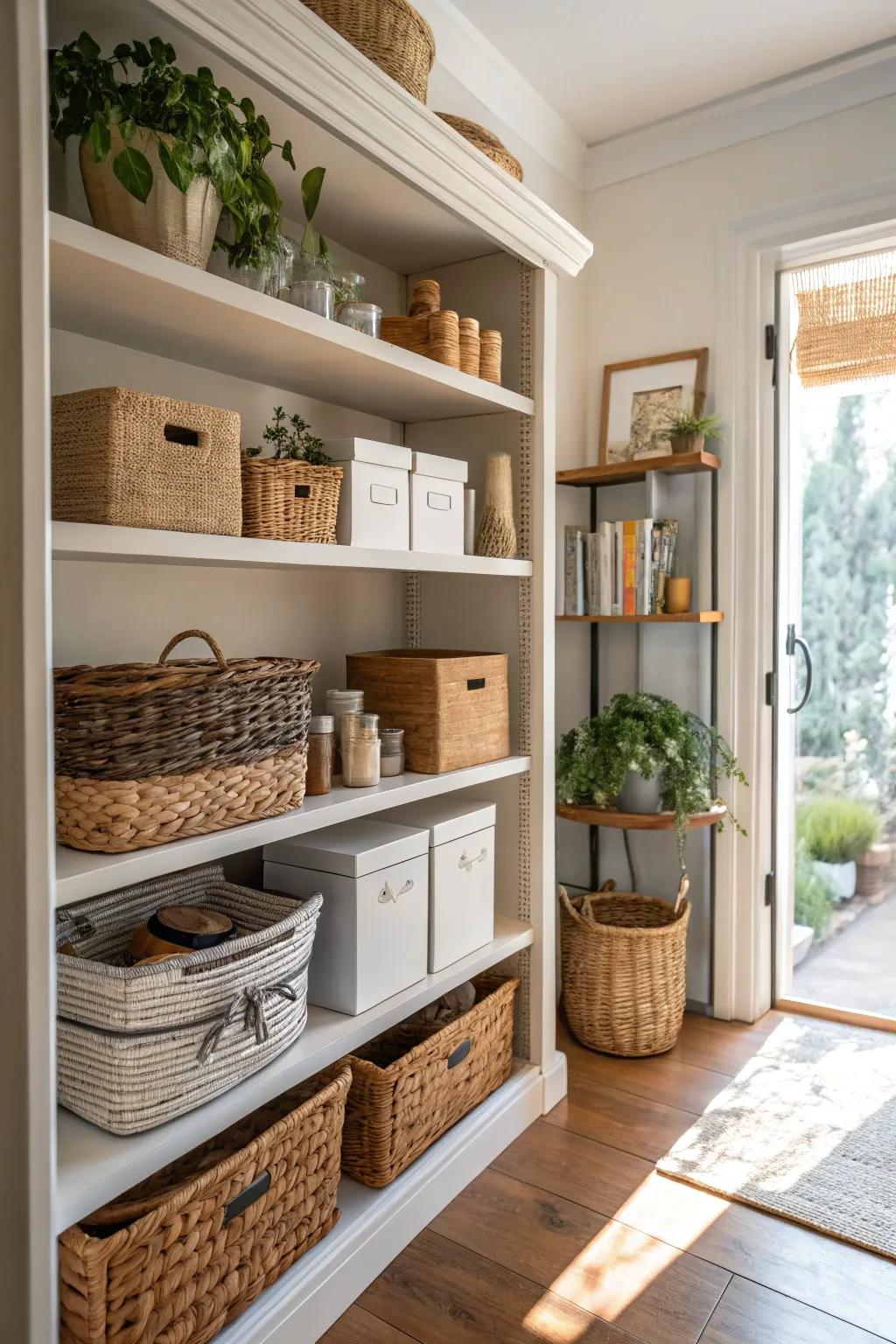 Utilitarian décor integrates both function and allure to shelves.
